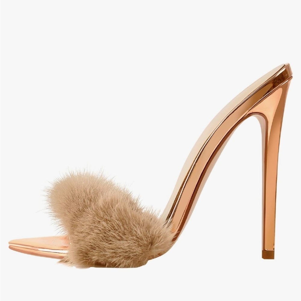 Richealnana Women's Rose Gold Tan Fluffy Feather Slip On Pointy Toe High Heels 9